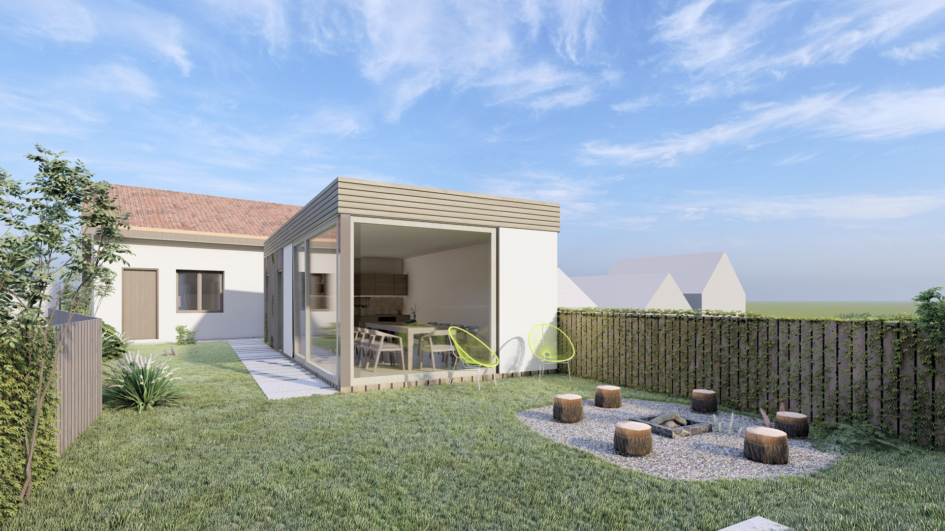 Vizualizace zahrady, pavilonu a ohniště Hempl Apartments